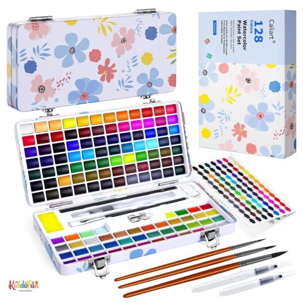 128 Colors Washable Watercolor Paint Set with 4 Brushes