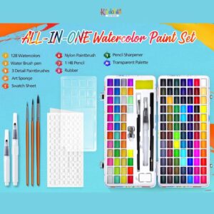 128 Colors Washable Watercolor Paint Set with 4 Brushes 2